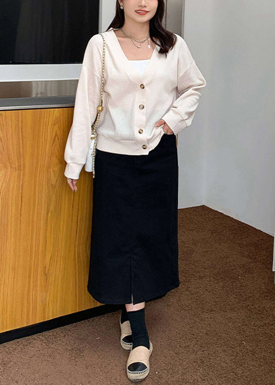 Loose Apricot V Neck Button Knit Tops and Skirts Two Piece Set Fall