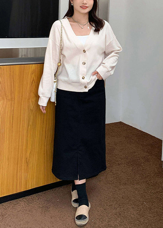 Loose Apricot V Neck Button Knit Tops and Skirts Two Piece Set Fall