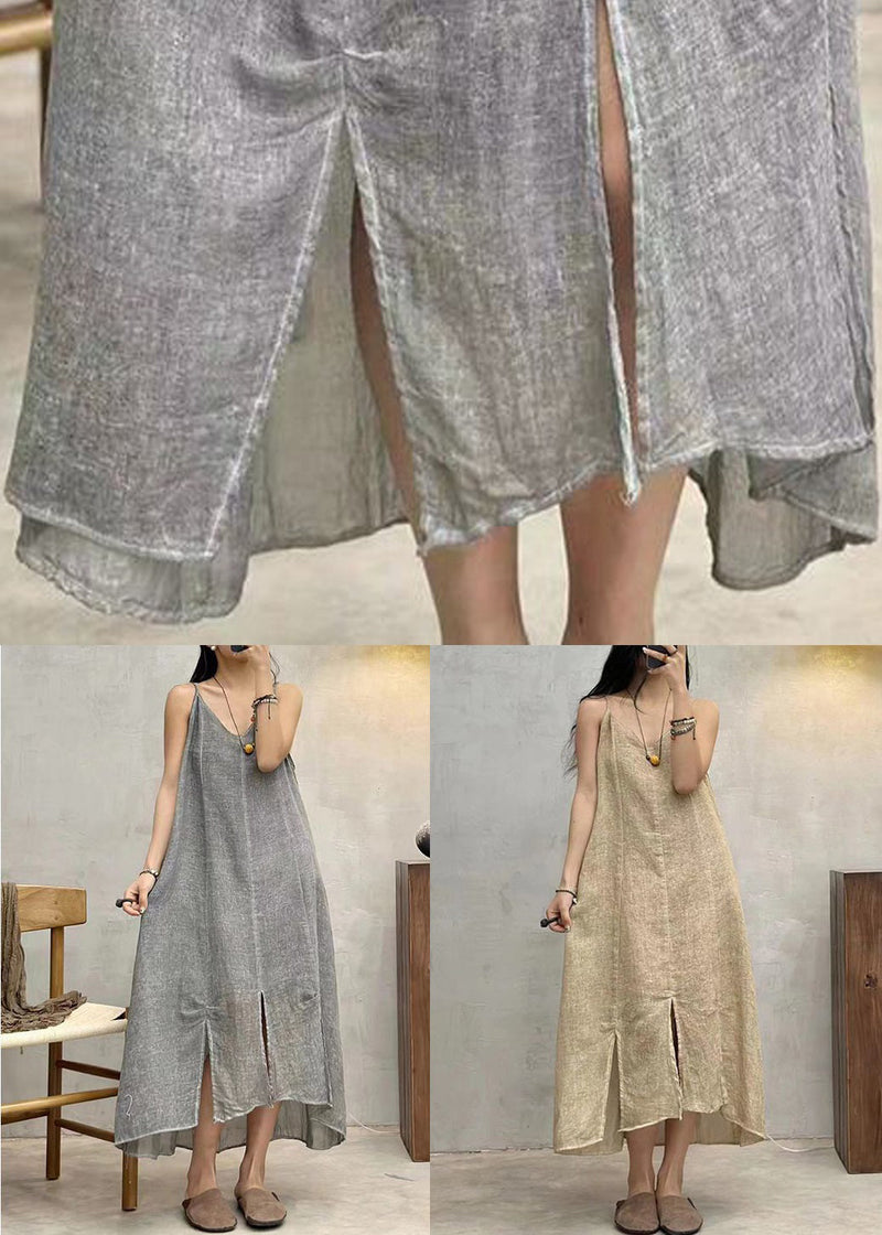 Loose Apricot V Neck Linen Spaghetti Strap Dress Sleeveless