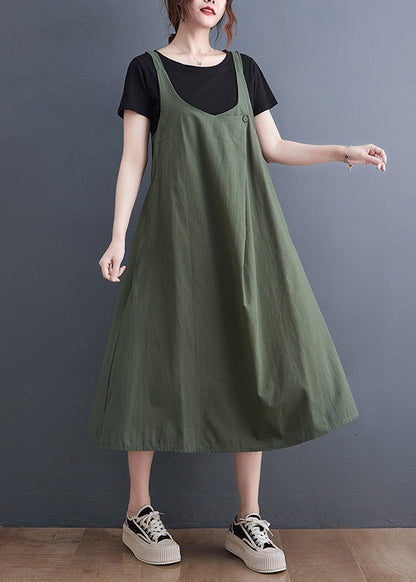 Loose Army Green O-neck Patchwork Strap Dress Summer