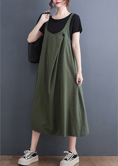 Loose Army Green O-neck Patchwork Strap Dress Summer
