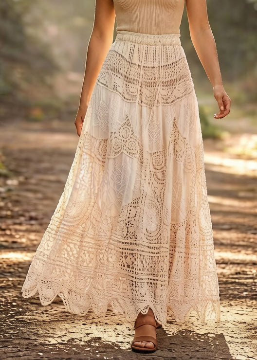 Loose Beige Hollow Out Drawstring Cotton Skirts Summer