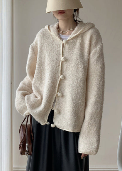 Loose Beige Hooded Button Cotton Knit Coat Spring