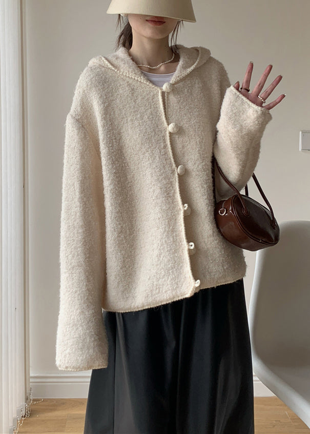 Loose Beige Hooded Button Cotton Knit Coat Spring