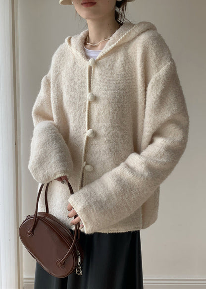 Loose Beige Hooded Button Cotton Knit Coat Spring