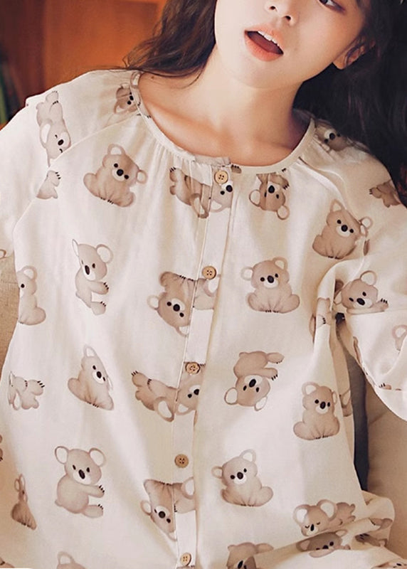 Loose Beige O-neck Animal Print Button Cotton Two Piece Set Long Sleeve