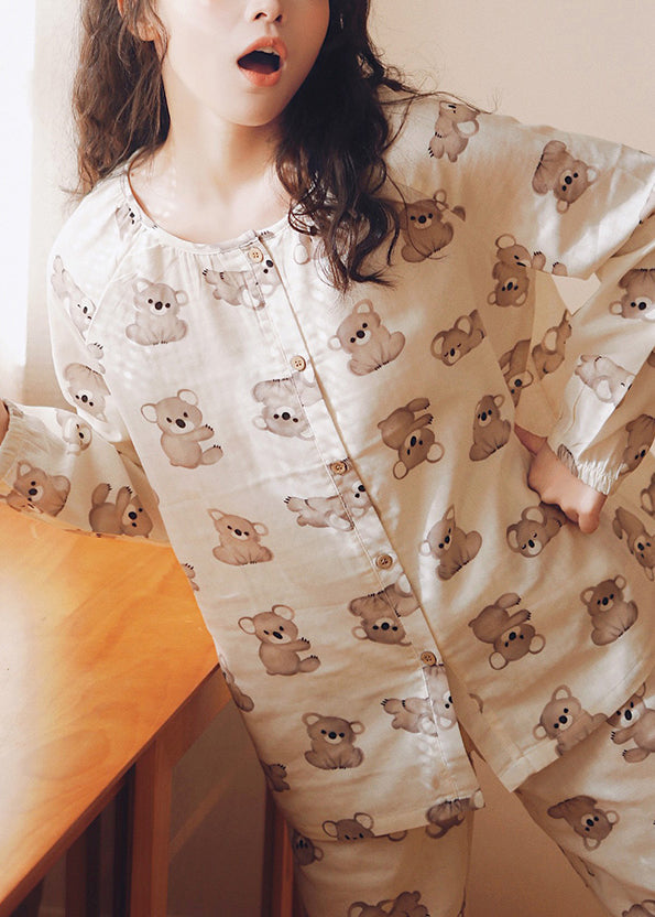 Loose Beige O-neck Animal Print Button Cotton Two Piece Set Long Sleeve