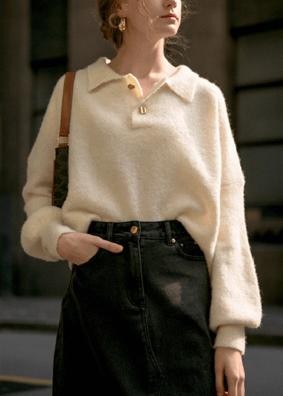 Loose Beige Peter Pan Collar Button Cotton Knit Top Fall