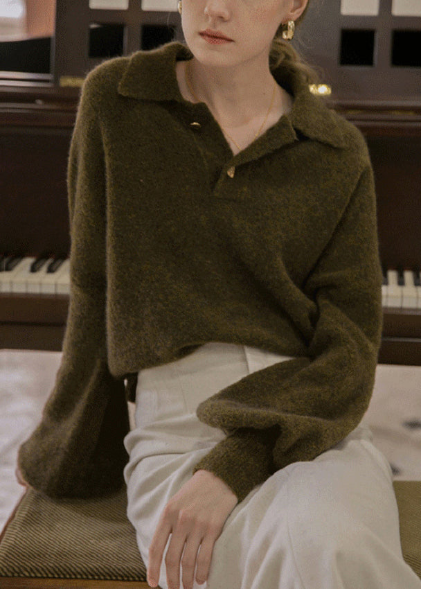 Loose Beige Peter Pan Collar Button Cotton Knit Top Fall