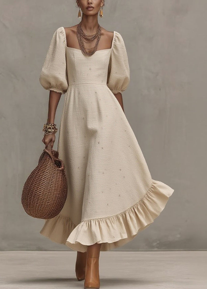 Loose Beige Square Collar Print Long Dress Short Sleeve
