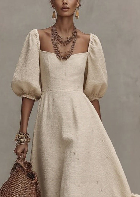 Loose Beige Square Collar Print Long Dress Short Sleeve