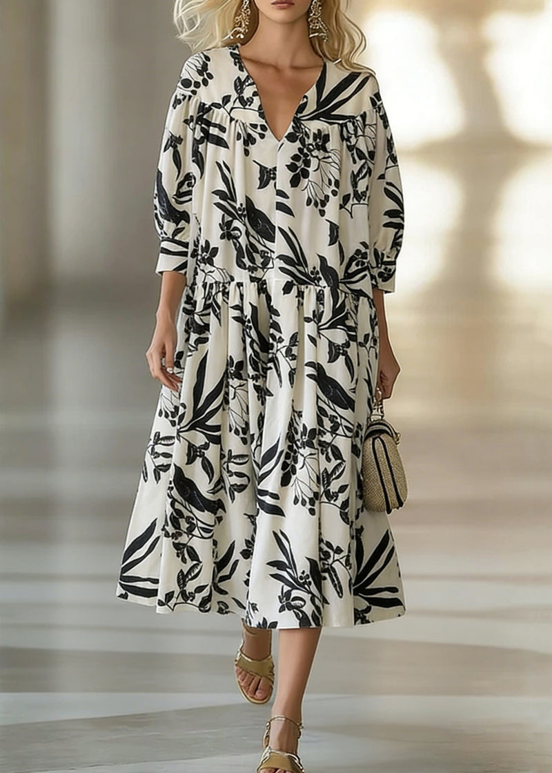 Loose Beige V Neck Print Wrinkled Cotton Long Dresses Bracelet Sleeve