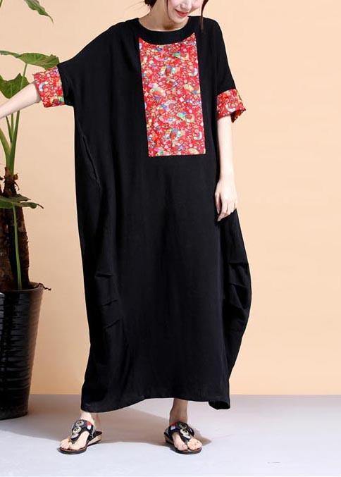 Loose Black Dresses O Neck Patchwork Cotton Robes Dress