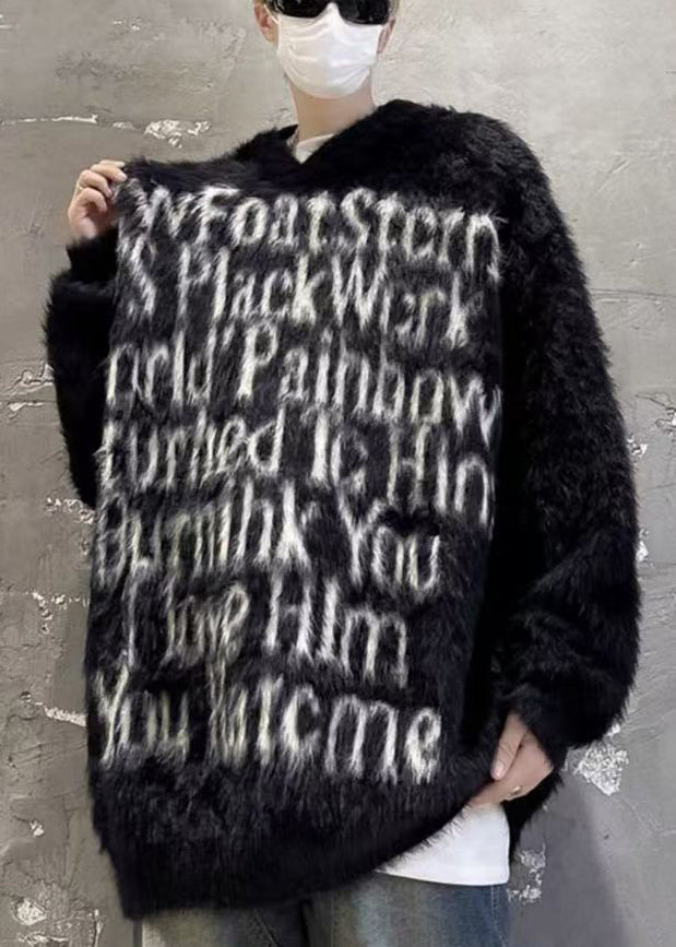 Loose Black Hooded Letter Mink Velvet Sweaters Winter