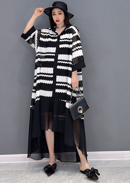 Loose Black Hooded Striped Print Low High Design Tulle Vacation Upf 50+ Dresses Bracelet Sleeve