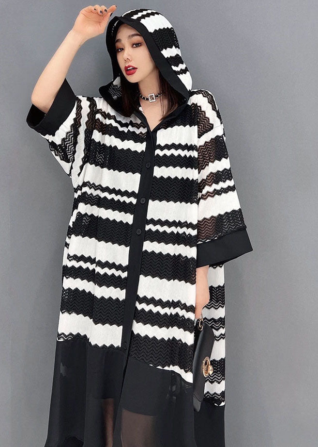 Loose Black Hooded Striped Print Low High Design Tulle Vacation Upf 50+ Dresses Bracelet Sleeve