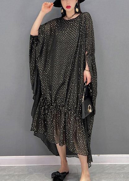 Loose Black O-neck Asymmetrical Dot Chiffon Vacation Dresses Batwing Sleeve
