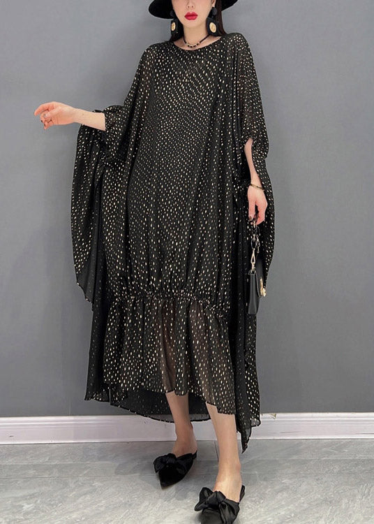Loose Black O-neck Asymmetrical Dot Chiffon Vacation Dresses Batwing Sleeve