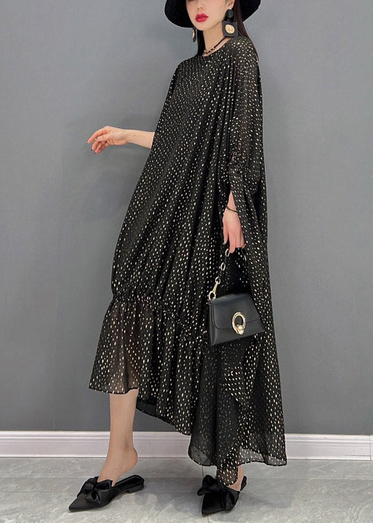 Loose Black O-neck Asymmetrical Dot Chiffon Vacation Dresses Batwing Sleeve