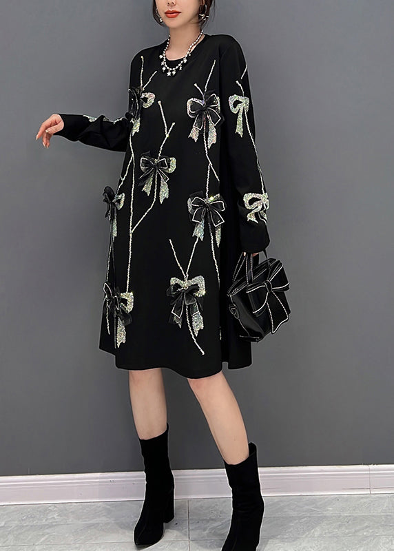 Loose Black O-neck Bow Knit Long Dresses Winter