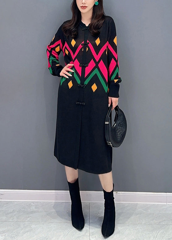 Loose Black O-neck Button Patchwork Knit Dress Fall