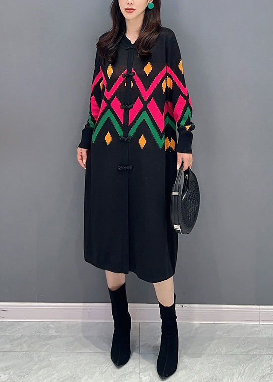 Loose Black O-neck Button Patchwork Knit Dress Fall