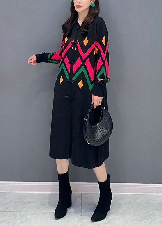 Loose Black O-neck Button Patchwork Knit Dress Fall