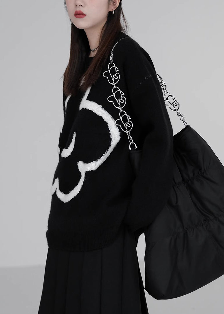 Loose Black O-neck Cozy Knit Sweaters Winter
