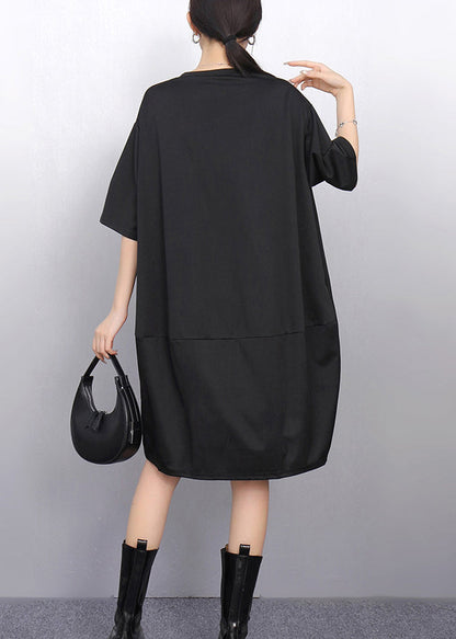 Loose Black O Neck Dress Half Sleeve