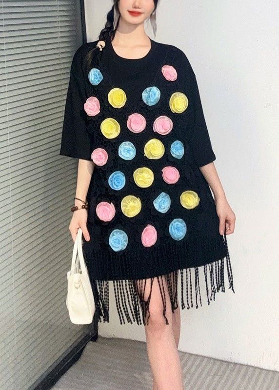 Loose Black O-neck Lace Patchwork Mid T Shirt Dresses Summer