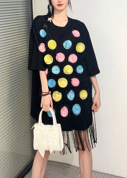 Loose Black O-neck Lace Patchwork Mid T Shirt Dresses Summer