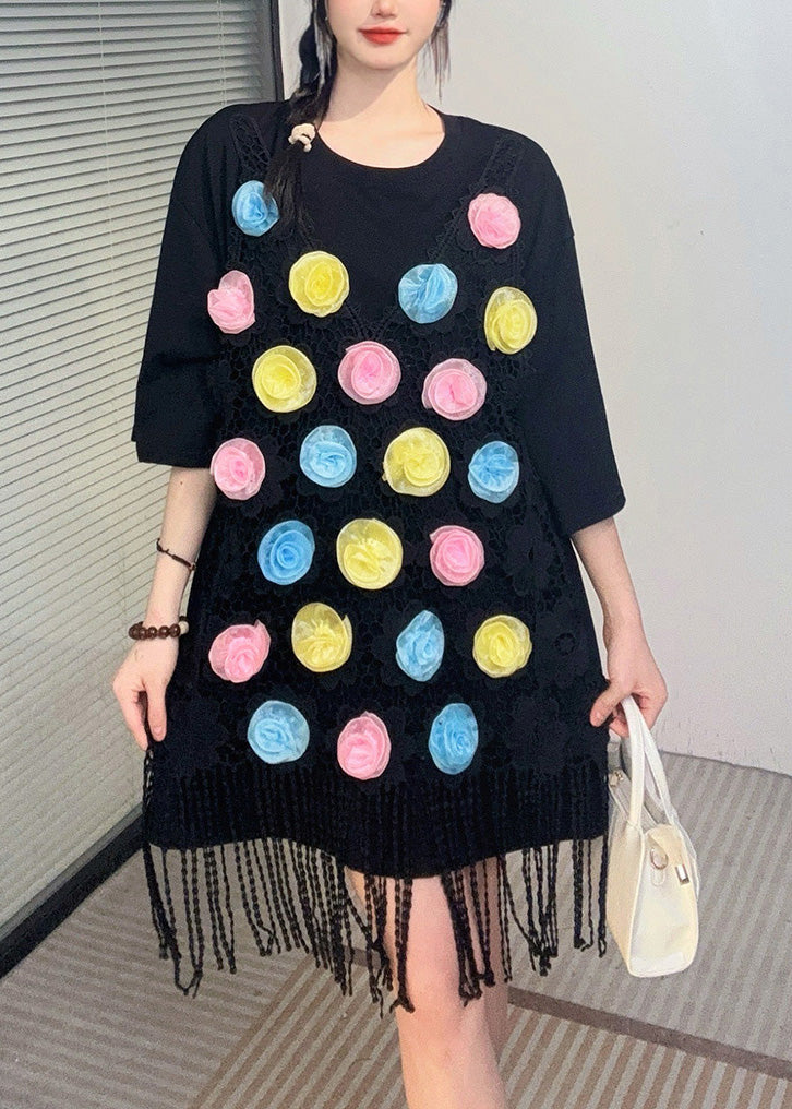 Loose Black O-neck Lace Patchwork Mid T Shirt Dresses Summer
