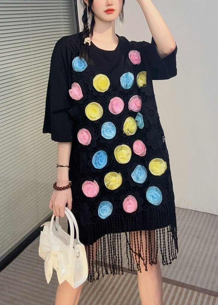 Loose Black O-neck Lace Patchwork Mid T Shirt Dresses Summer
