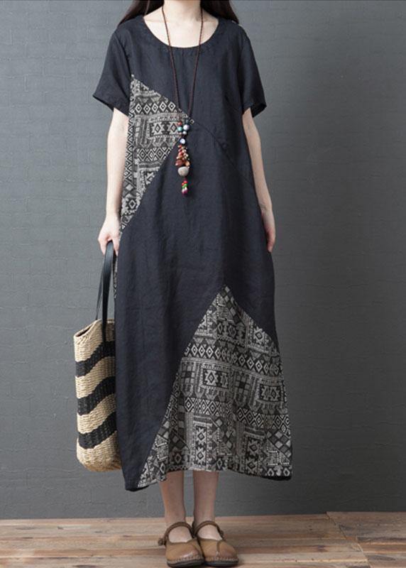 Loose Brown O-neck Patchwork Pockets Summer Holiday Dress Short Sleeve