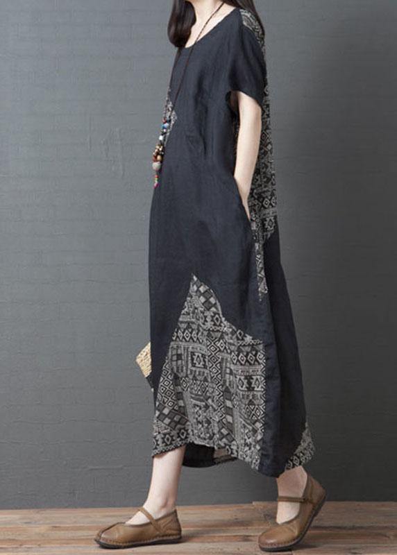Loose Stripe Color O-neck Patchwork Pockets Summer Holiday Dress Short Sleeve