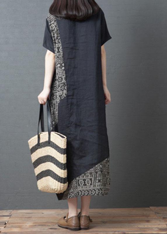 Loose Brown O-neck Patchwork Pockets Summer Holiday Dress Short Sleeve