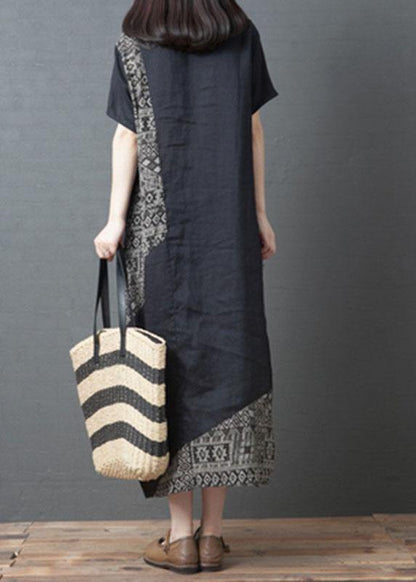 Loose Brown O-neck Patchwork Pockets Summer Holiday Dress Short Sleeve