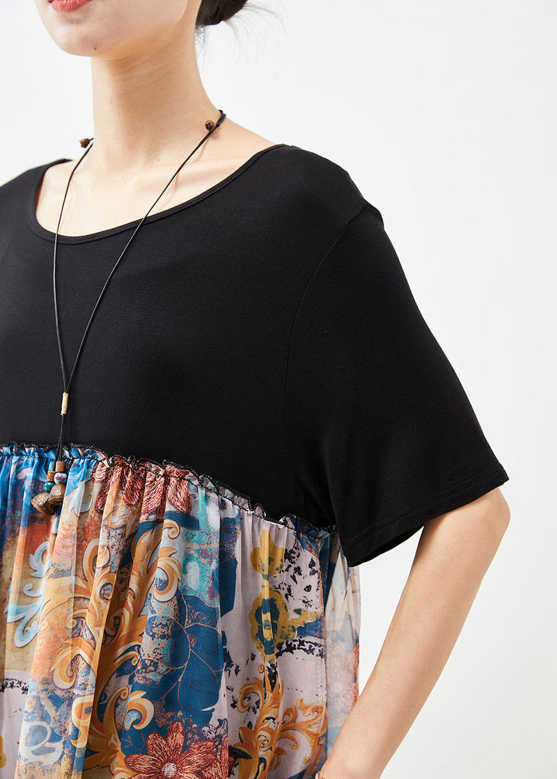 Loose Black O-neck Patchwork Print Chiffon Beach Dress Summer