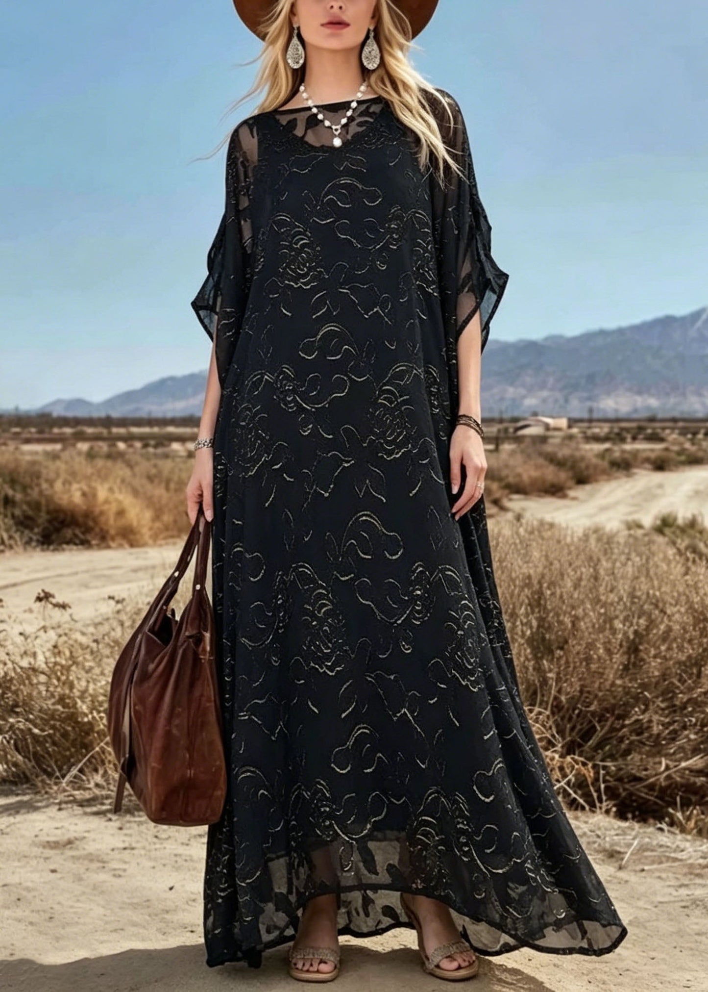 Loose Black O Neck Print Chiffon Maxi Dresses Summer