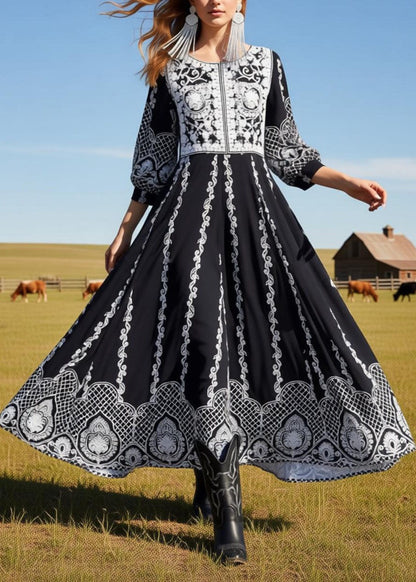 Loose Black O Neck Print Exra Large Hem Cotton Dress Summer