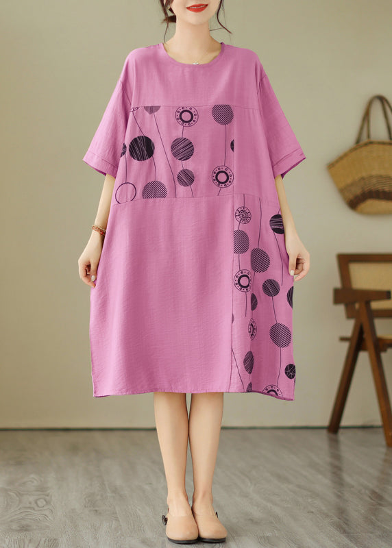 Loose Black O-neck Print Holiday Long Dress Short Sleeve