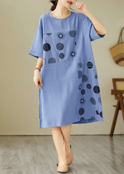 Loose Black O-neck Print Holiday Long Dress Short Sleeve