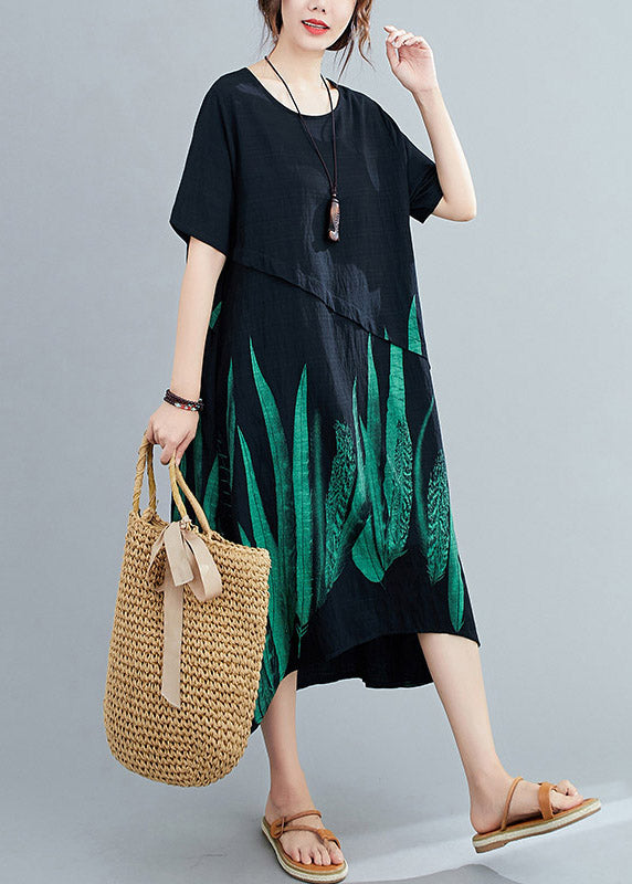 Loose Black O-neck Print Linen Maxi Dress Short Sleeve