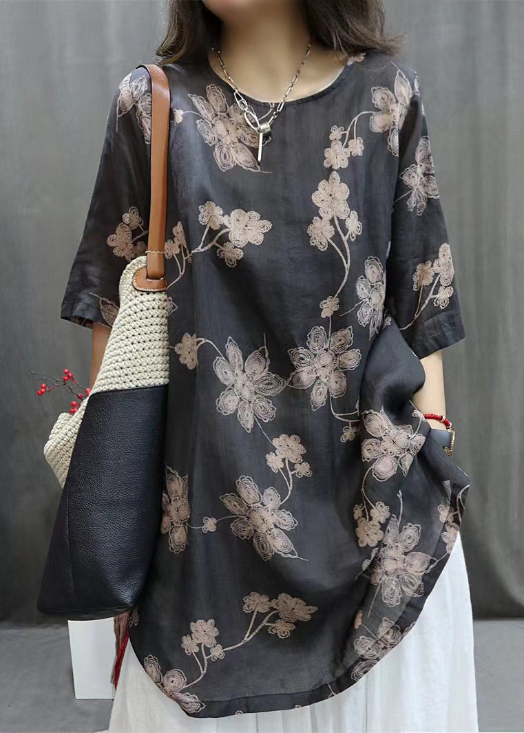 Loose Black O-neck Print Linen Shirts Half Sleeve