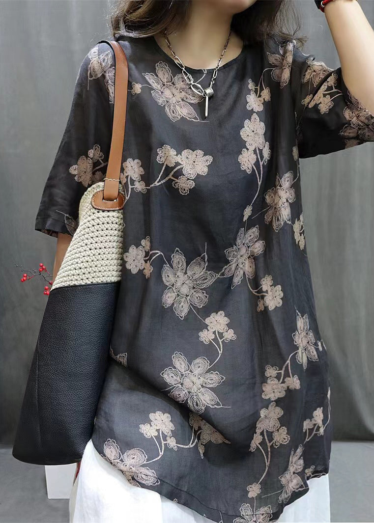 Loose Black O-neck Print Linen Shirts Half Sleeve