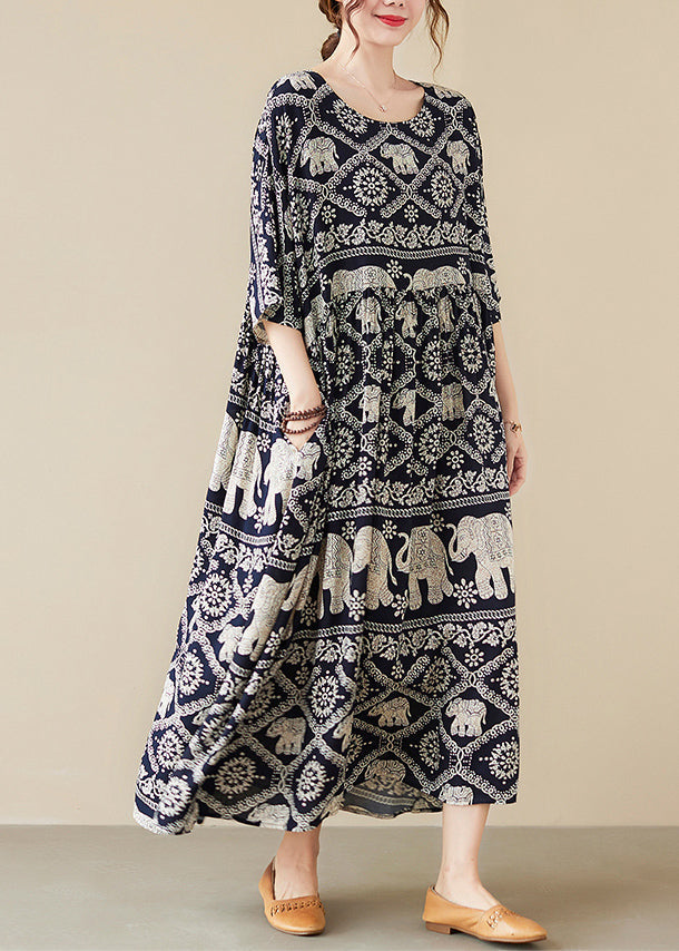 Loose Black O-neck Print Maxi Dress Half Sleeve