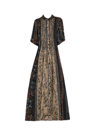 Loose Black O-neck Print Patchwork Wrinkled Silk Party Dress Short Sleeve