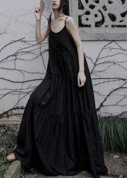 Loose Black O-neck Wrinkled Patchwork Cotton Spaghetti Strap Dress Sleeveless