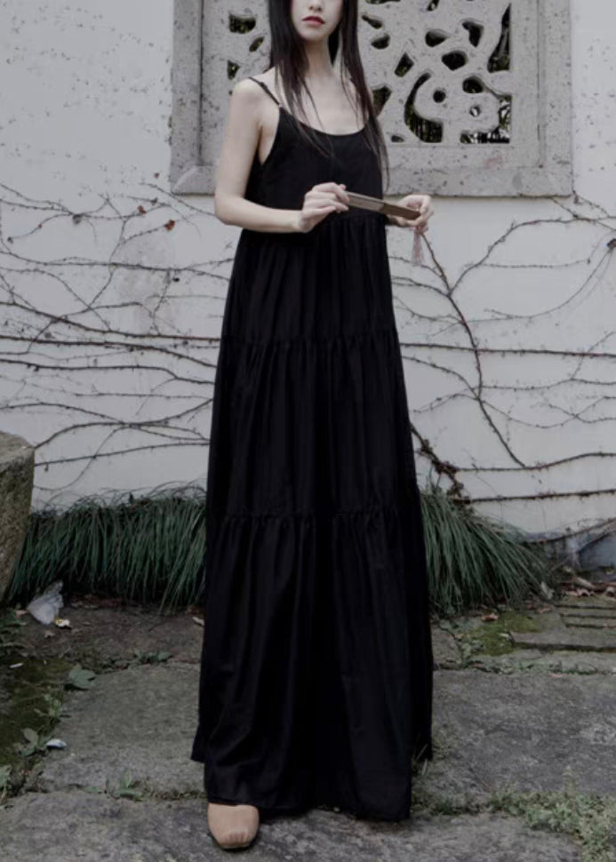Loose Black O-neck Wrinkled Patchwork Cotton Spaghetti Strap Dress Sleeveless
