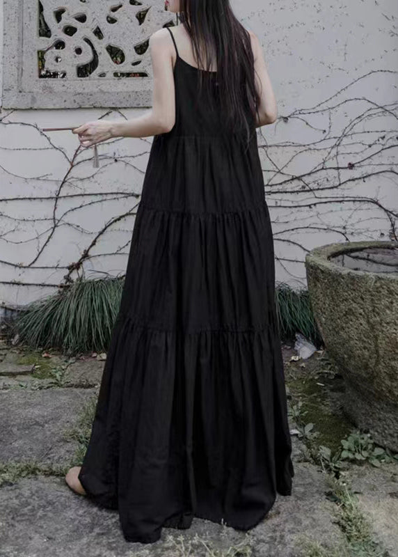 Loose Black O-neck Wrinkled Patchwork Cotton Spaghetti Strap Dress Sleeveless